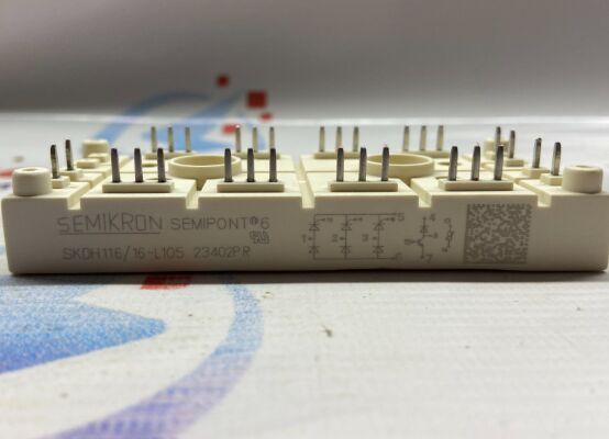 ماژول IGBT SKDH116/16-L105 1600 ولت 116 آمپر، پل 3 فاز، بوست چاپر، NTC داخلی، جریان هجومی بالا 950 آمپر، بسته SEMIPONT6، پین فشاری، دارای گواهینامه UL برای UPS و درایوها