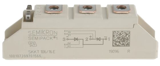 ماژول تریستور دوگانه SKKT106/16E 1600 ولت 106 آمپر با ولتاژ هدایت پایین 1.35 ولت، جریان ضربه 2.4 کیلوآمپر، پایه سرامیکی AlN، کنتاکت‌های فشاری SEMIPACK1 ایزوله شده، دارای گواهینامه UL برای استارترهای نرم و درایوها