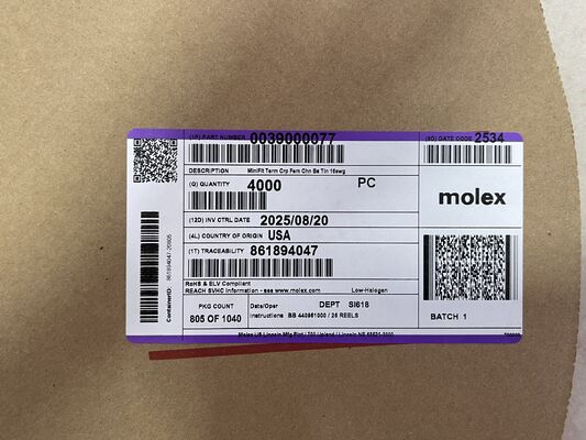 0039000077 2.36 میلی‌متر قطر ترمینال اسپید برنجی قلع‌اندود، اتصال فشاری، بدون عایق، سیم‌کشی 16-14 AWG، رتبه‌بندی 600 ولت، جریان 20 آمپر، بسته‌بندی قرقره‌ای برای سیم‌کشی خودرو و صنعتی