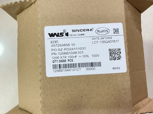 1206B104K101CT – خازن سرامیکی چند لایه (MLCC) با ابعاد 1206، دی‌الکتریک X7R، ظرفیت 0.1 میکروفاراد، تلرانس ±10%، ولتاژ نامی 100 ولت، ESR پایین، محدوده دمایی گسترده -55 درجه سانتی‌گراد تا +125 درجه سانتی‌گراد، ایده‌آل برای جداسازی و فیلتر کردن توان
